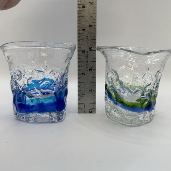 Ryukyu HandBlown Pair Clear Blue Green Swirl Glasses - Picture 7 of 10